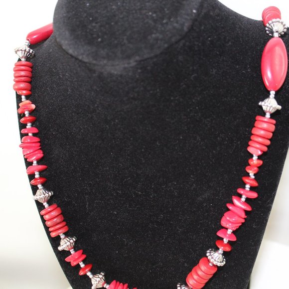 Chicos   Long Red Faux Stone and Silver  Beaded Strand  Necklace - Picture 2 of 4